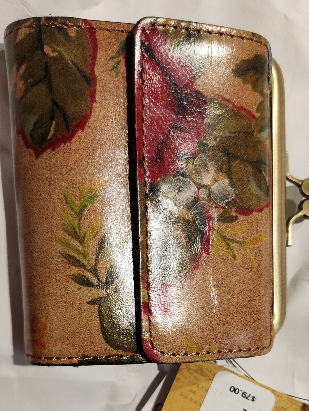 Patricia Nash.Floral Painted Leather Clasp Wallet - Tan with Red & Green Accents